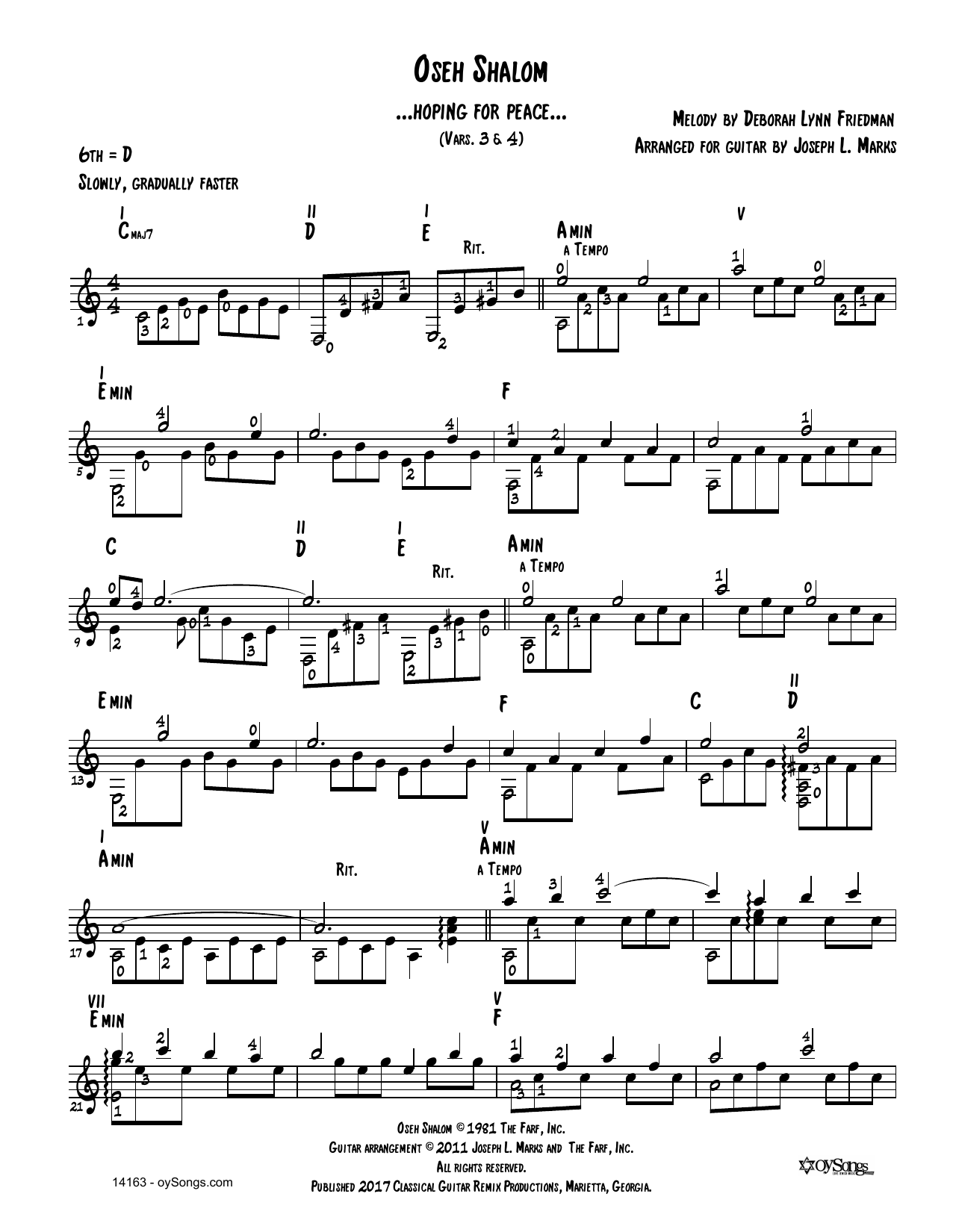 Debbie Friedman Oseh Shalom Vars 3, 4 (arr. Joe Marks) Sheet Music Notes & Chords for Guitar Tab - Download or Print PDF