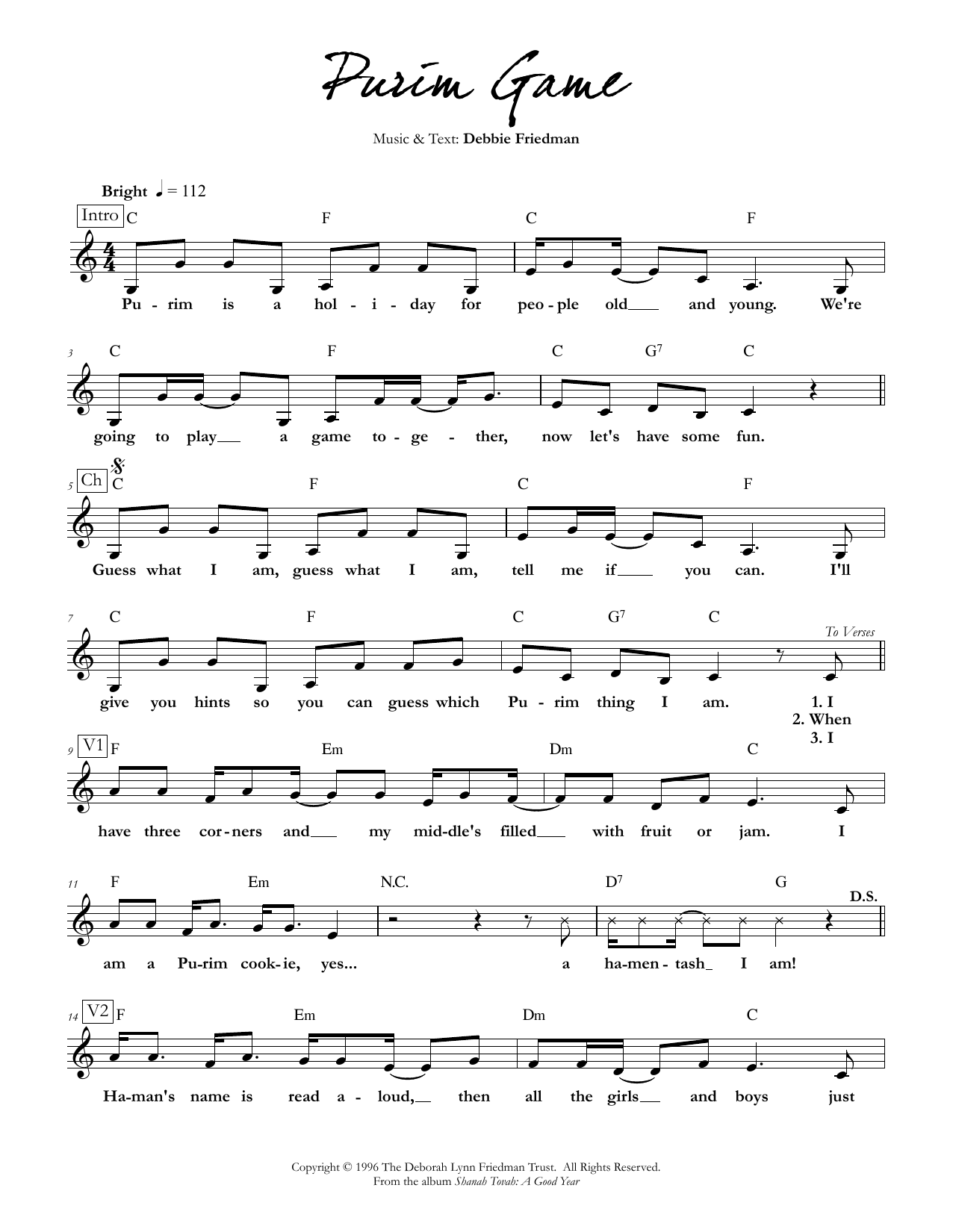 Debbie Friedman Purim Game Sheet Music Notes & Chords for Lead Sheet / Fake Book - Download or Print PDF