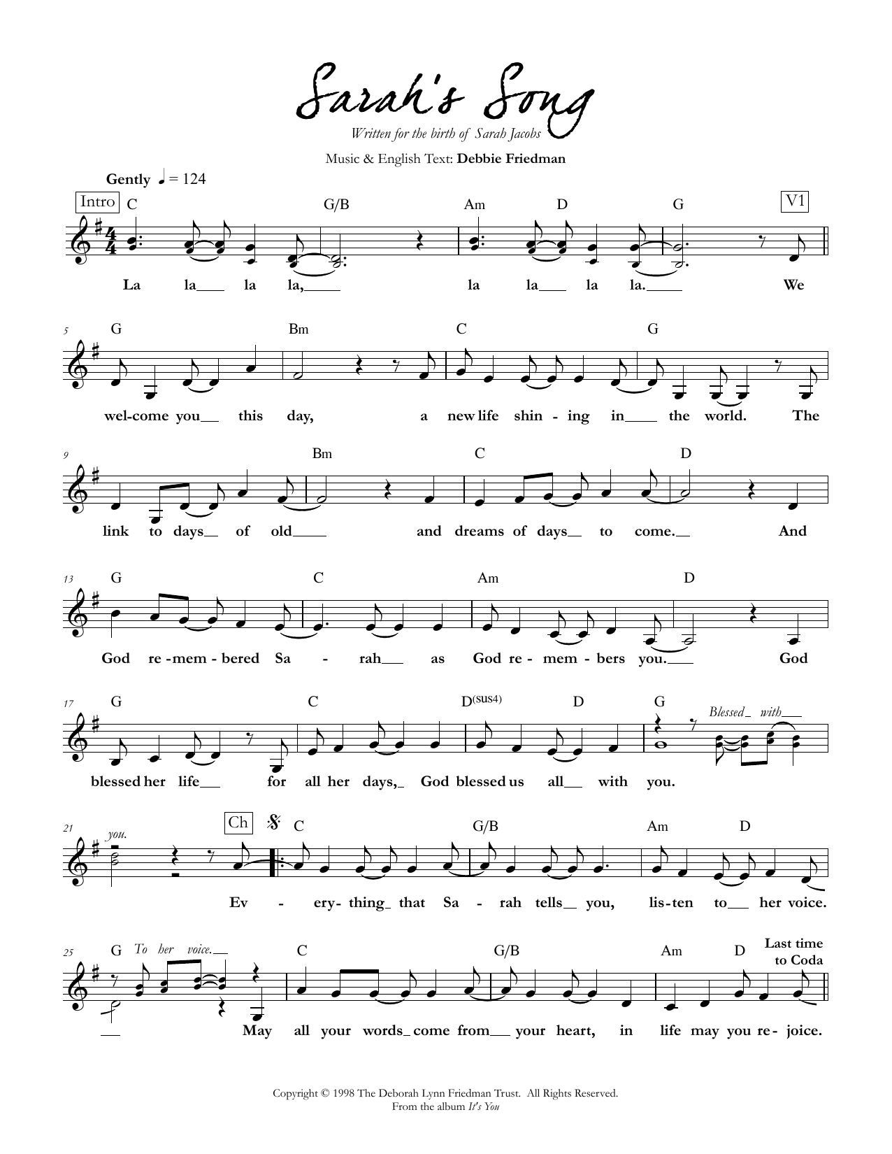 Debbie Friedman Sarah's Song Sheet Music Notes & Chords for Lead Sheet / Fake Book - Download or Print PDF