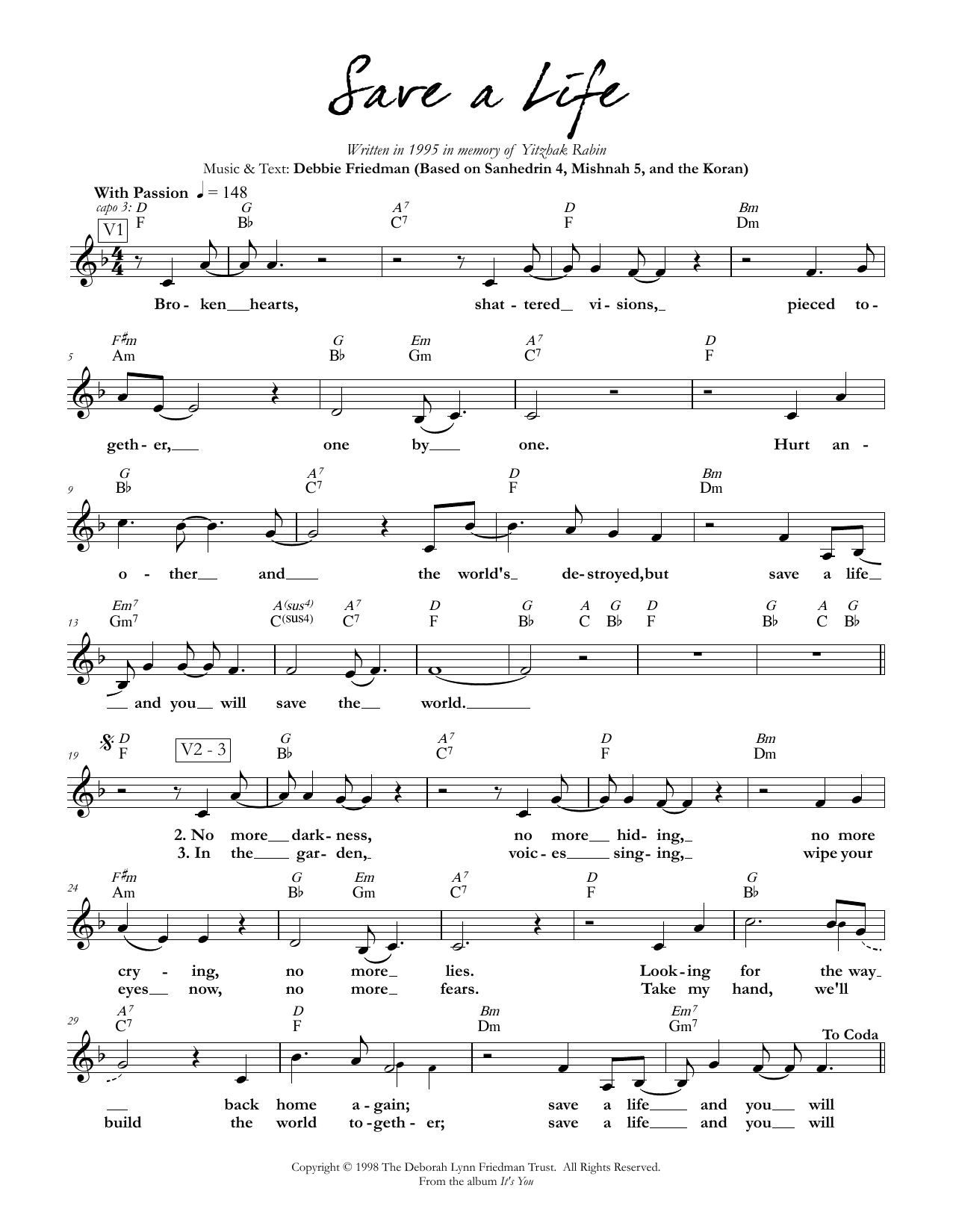 Debbie Friedman Save a Life Sheet Music Notes & Chords for Lead Sheet / Fake Book - Download or Print PDF