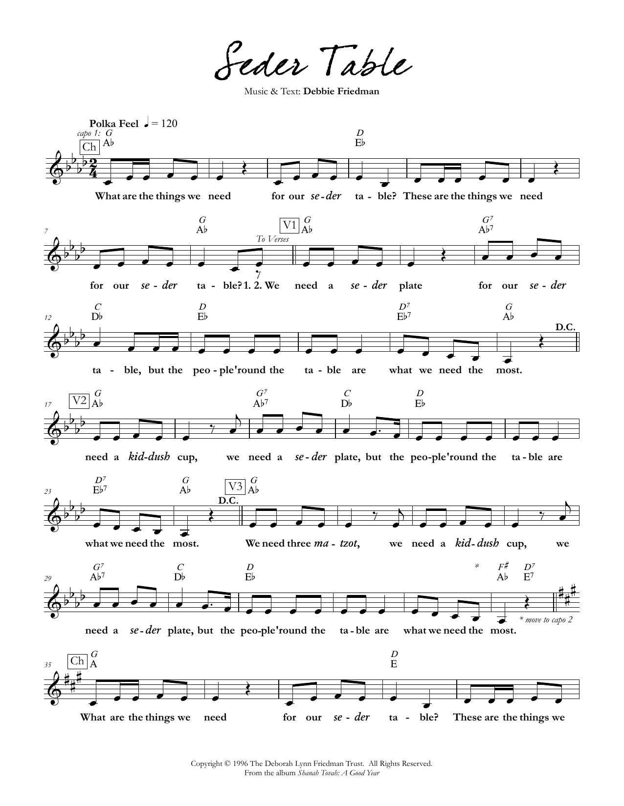 Debbie Friedman Seder Table Sheet Music Notes & Chords for Lead Sheet / Fake Book - Download or Print PDF