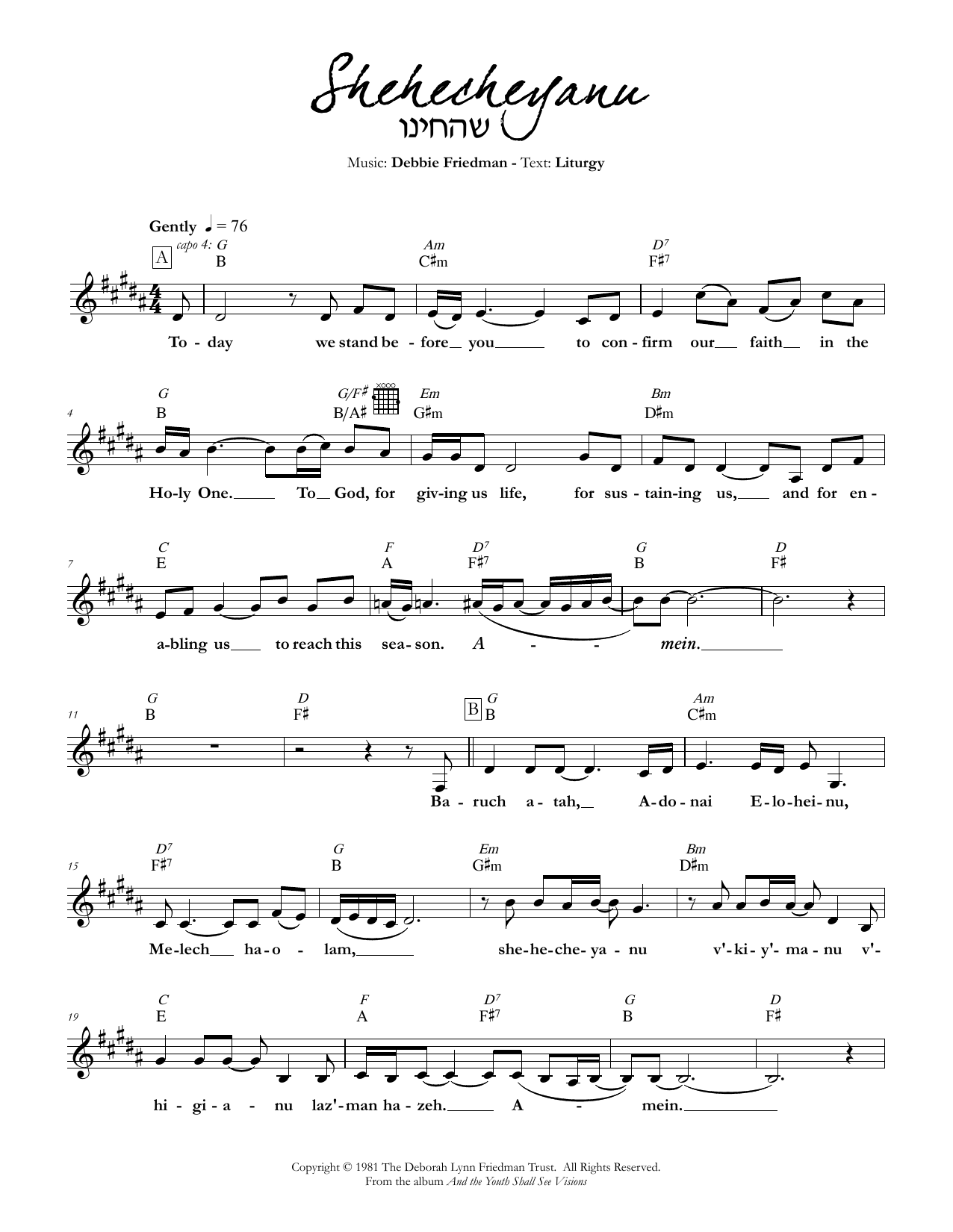 Debbie Friedman Shehecheyanu Sheet Music Notes & Chords for Lead Sheet / Fake Book - Download or Print PDF