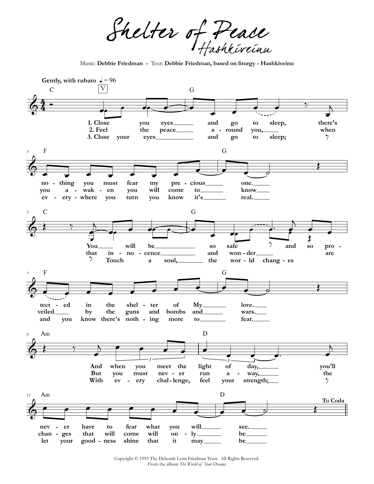 Debbie Friedman Shelter of Peace Sheet Music Notes & Chords for Lead Sheet / Fake Book - Download or Print PDF