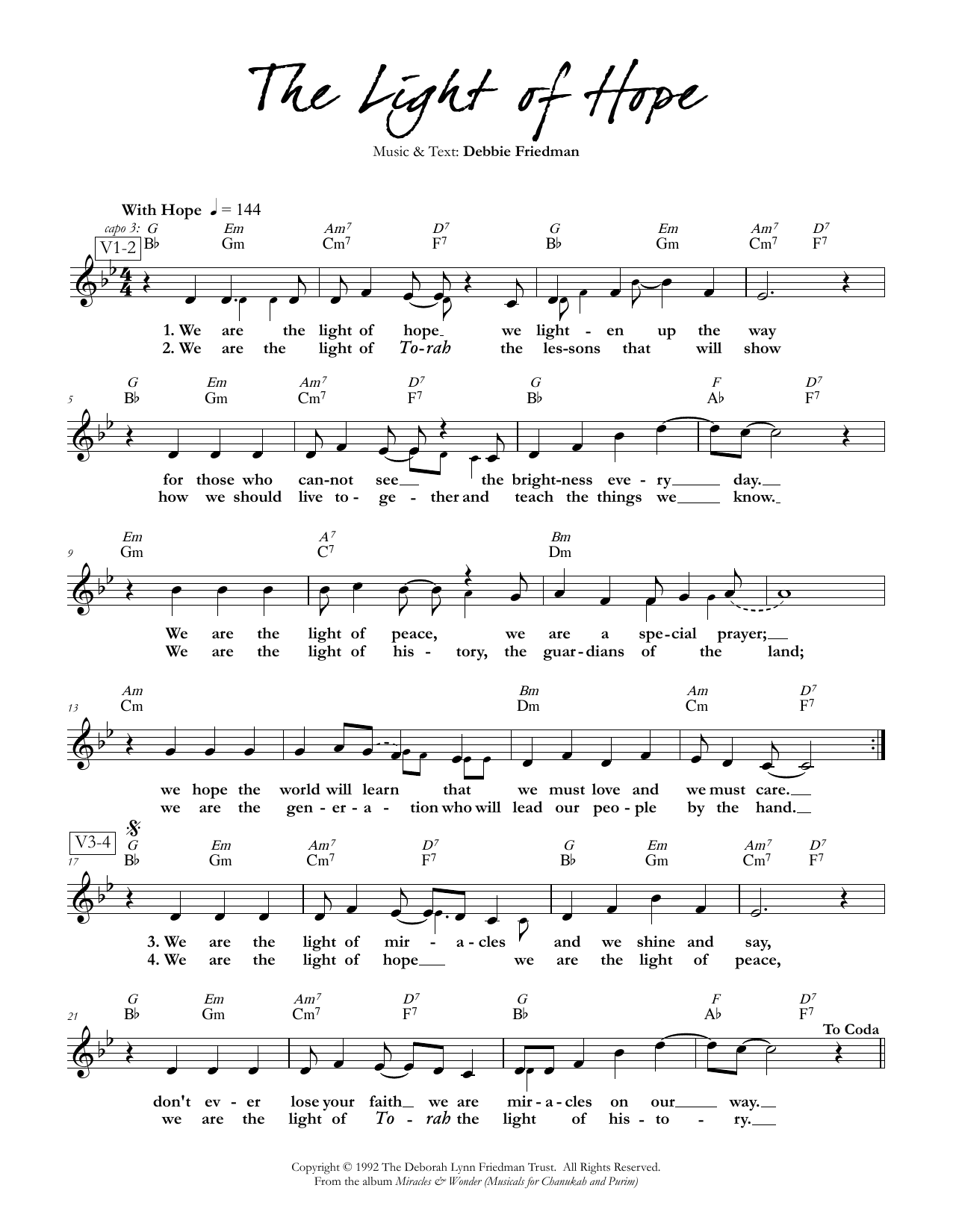 Debbie Friedman The Light of Hope Sheet Music Notes & Chords for Lead Sheet / Fake Book - Download or Print PDF