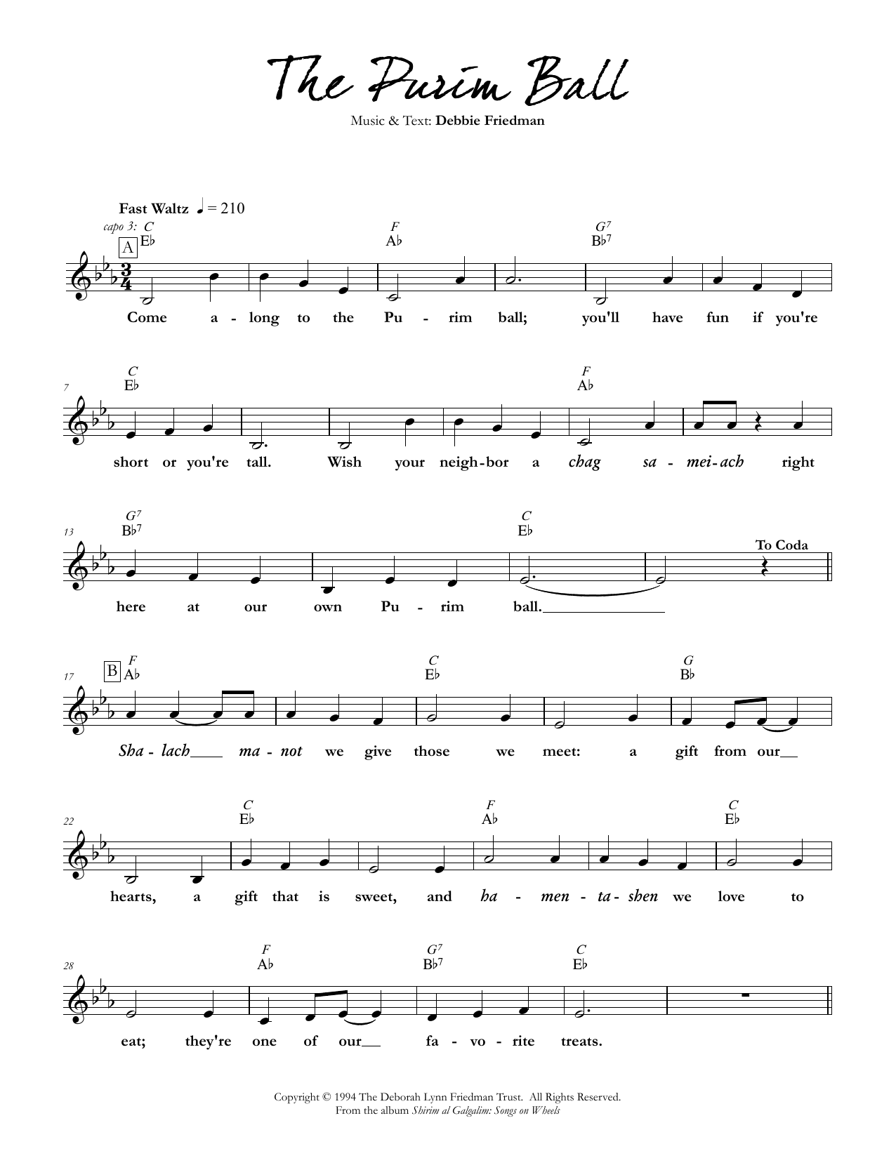 Debbie Friedman The Purim Ball Sheet Music Notes & Chords for Lead Sheet / Fake Book - Download or Print PDF