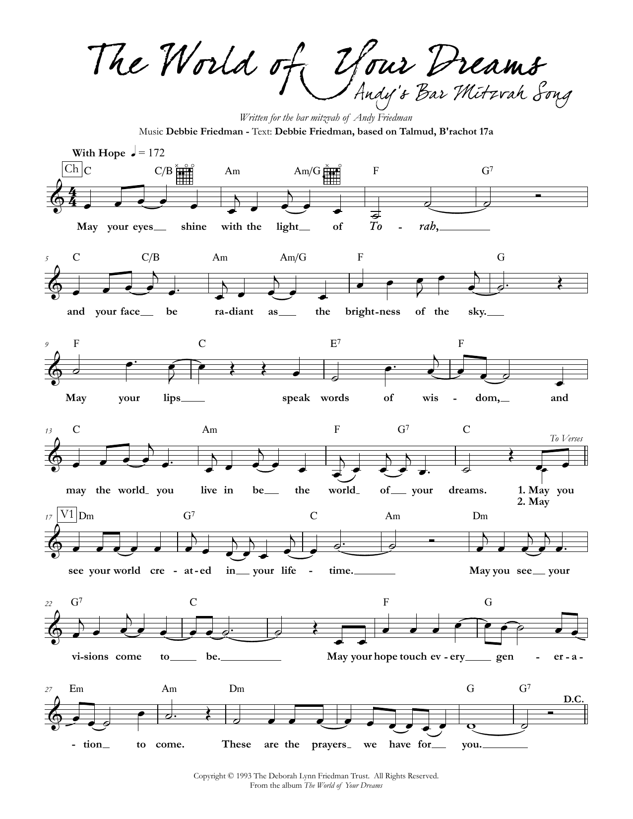 Debbie Friedman The World of Your Dreams Sheet Music Notes & Chords for Lead Sheet / Fake Book - Download or Print PDF