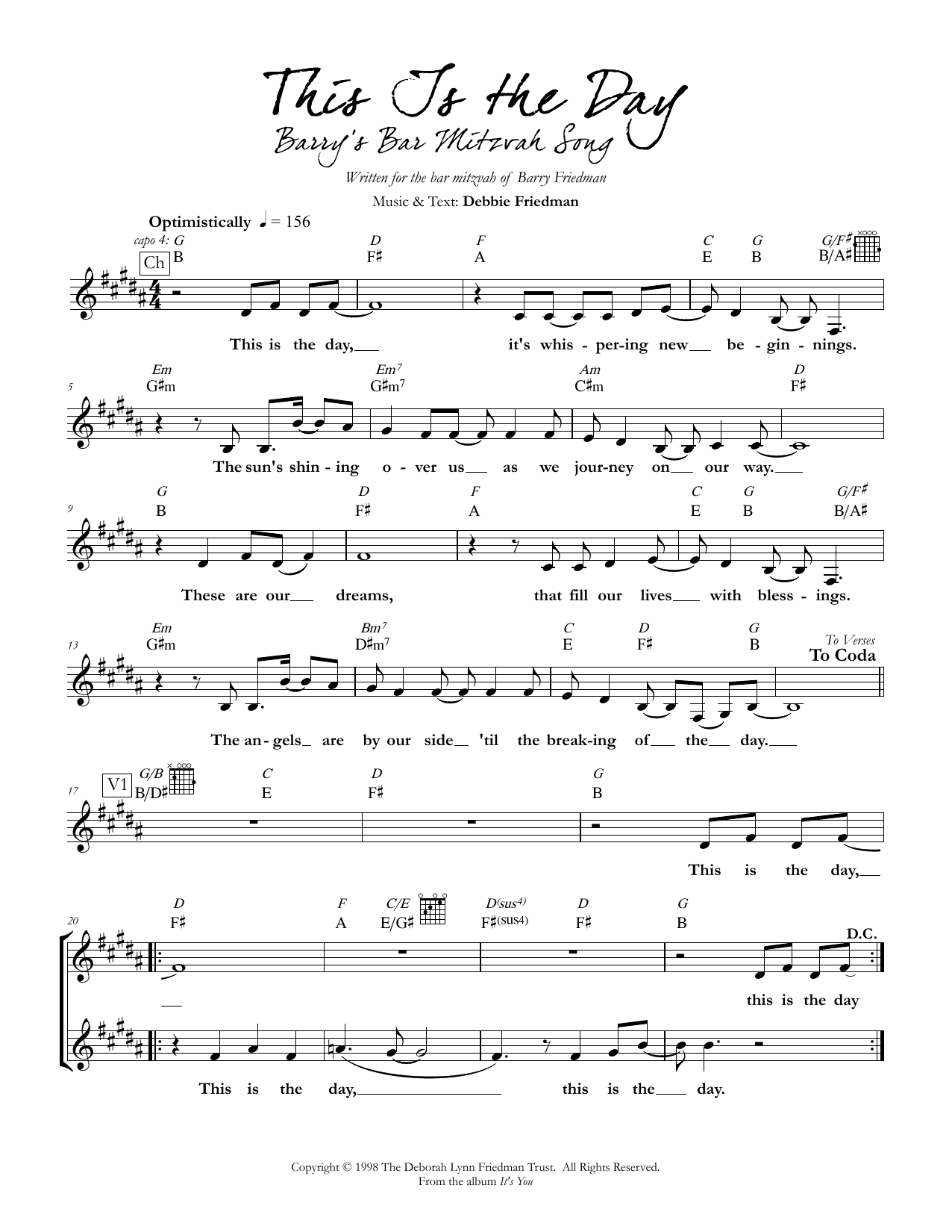 Debbie Friedman This Is the Day Sheet Music Notes & Chords for Lead Sheet / Fake Book - Download or Print PDF
