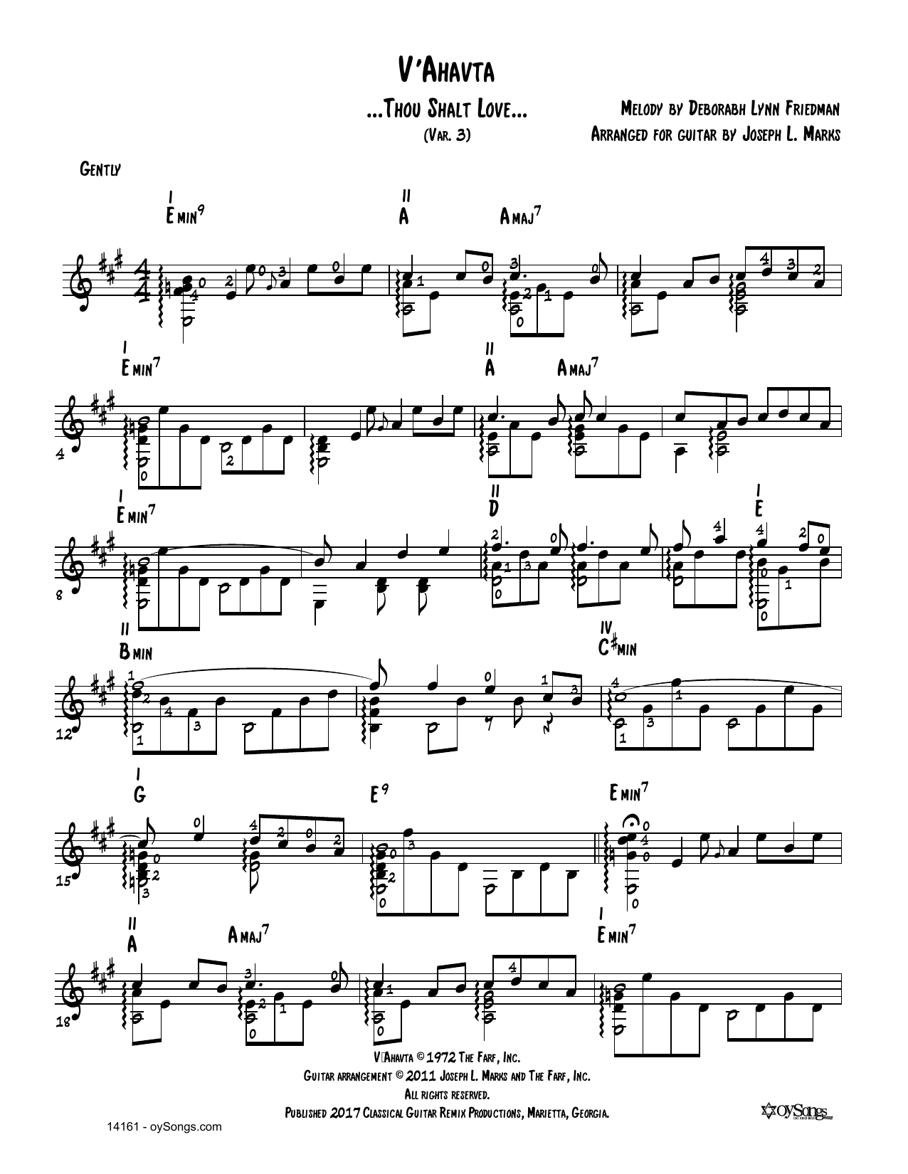 Debbie Friedman V'ahavta Var 3 (arr. Joe Marks) Sheet Music Notes & Chords for Guitar Tab - Download or Print PDF