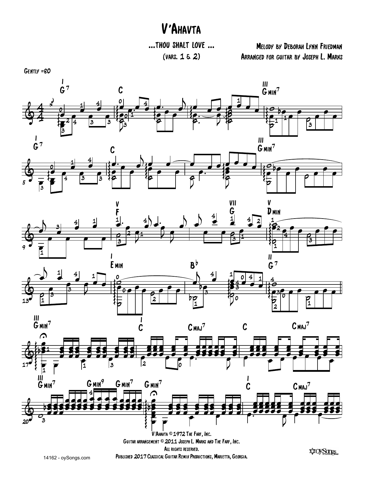 Debbie Friedman V'ahavta Vars 1, 2 (arr. Joe Marks) Sheet Music Notes & Chords for Guitar Tab - Download or Print PDF