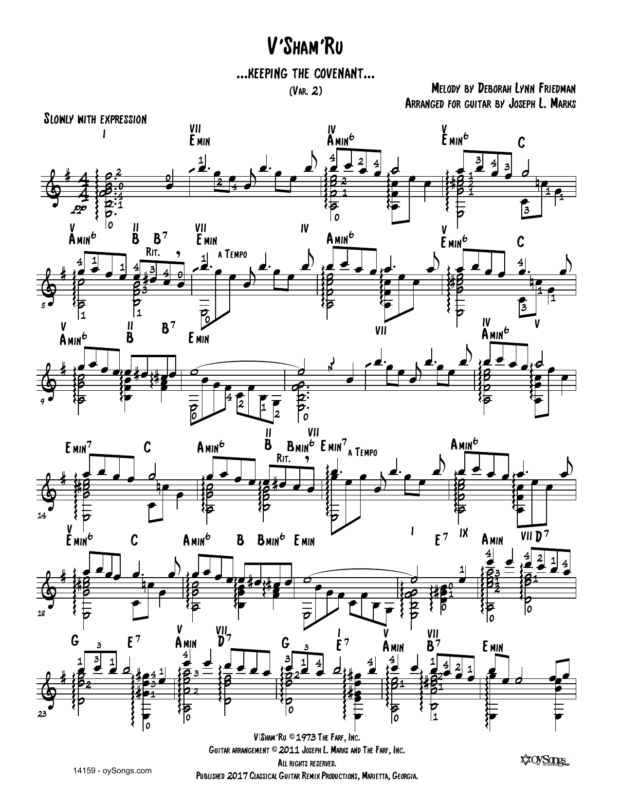 Debbie Friedman V'shamru Var 2 (arr. Joe Marks) Sheet Music Notes & Chords for Guitar Tab - Download or Print PDF