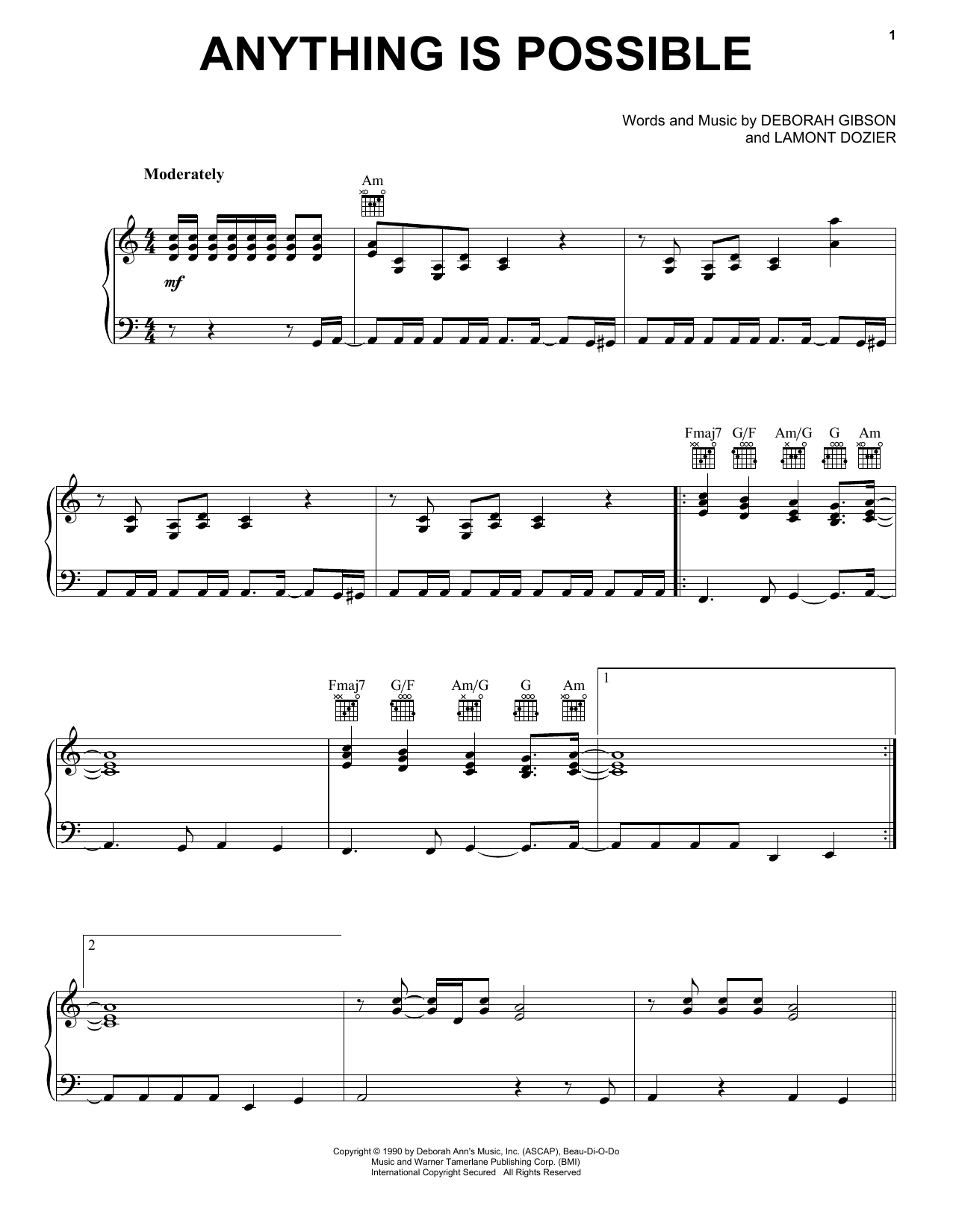 Debbie Gibson Anything Is Possible Sheet Music Notes & Chords for Piano, Vocal & Guitar Chords (Right-Hand Melody) - Download or Print PDF