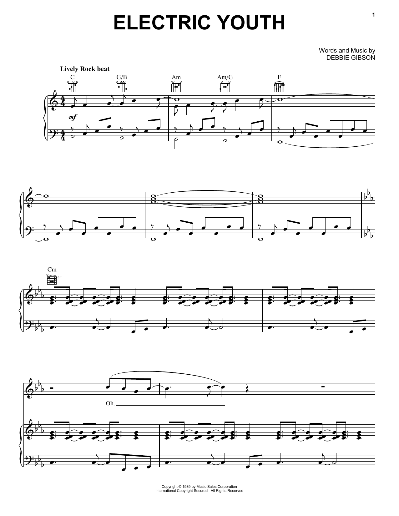 Debbie Gibson Electric Youth Sheet Music Notes & Chords for Piano, Vocal & Guitar Chords (Right-Hand Melody) - Download or Print PDF