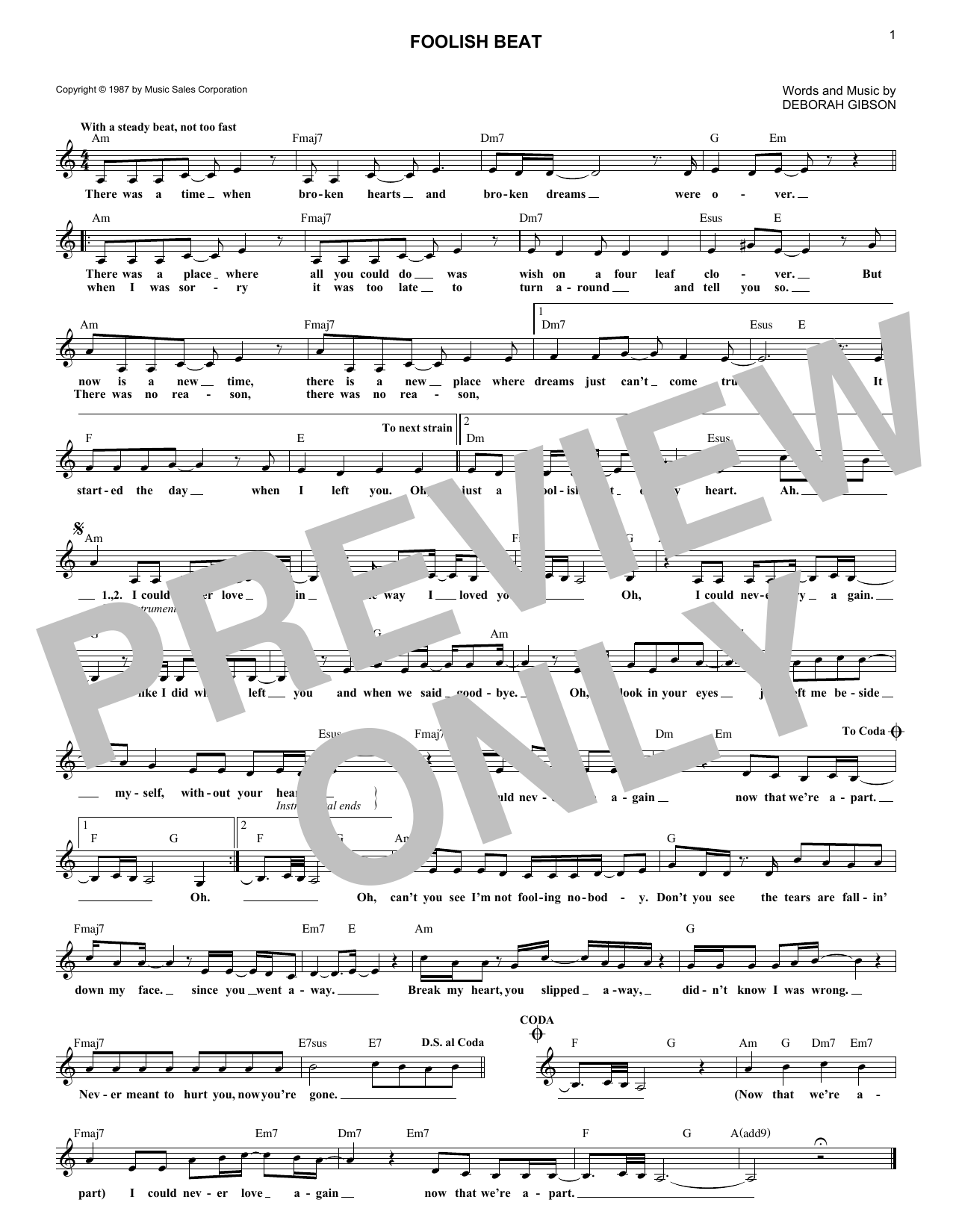 Debbie Gibson Foolish Beat Sheet Music Notes & Chords for Melody Line, Lyrics & Chords - Download or Print PDF