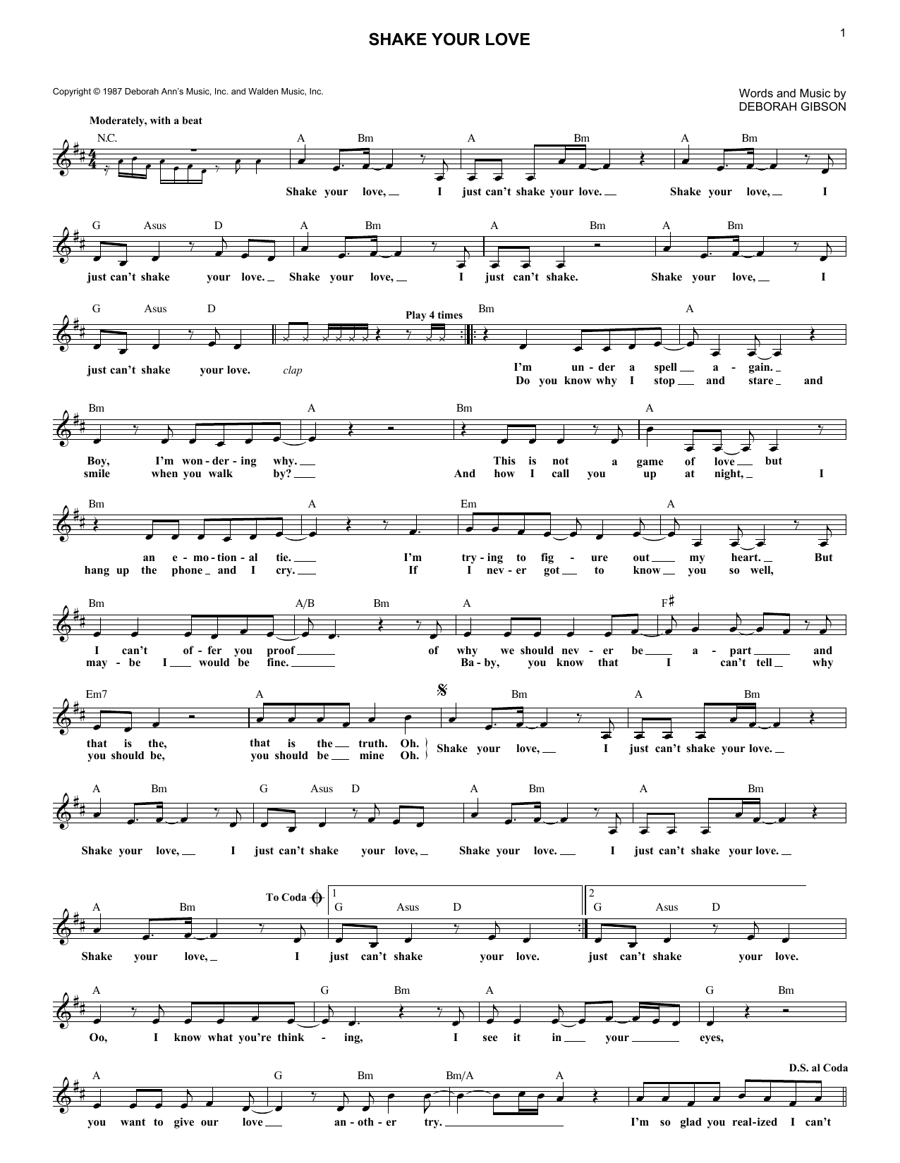 Debbie Gibson Shake Your Love Sheet Music Notes & Chords for Piano, Vocal & Guitar Chords (Right-Hand Melody) - Download or Print PDF