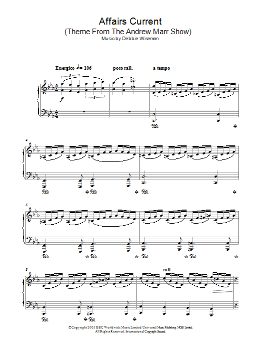 Debbie Wiseman Affairs Current (Theme From The Andrew Marr Show) Sheet Music Notes & Chords for Piano - Download or Print PDF