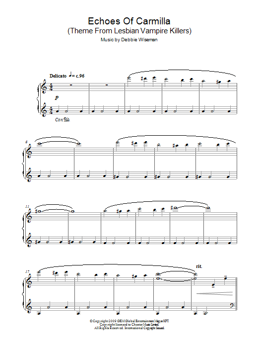 Debbie Wiseman Echoes Of Carmilla (Theme From Lesbian Vampire Killers) Sheet Music Notes & Chords for Piano - Download or Print PDF