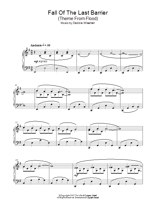 Debbie Wiseman Fall Of The Last Barrier (Theme From Flood) Sheet Music Notes & Chords for Piano - Download or Print PDF