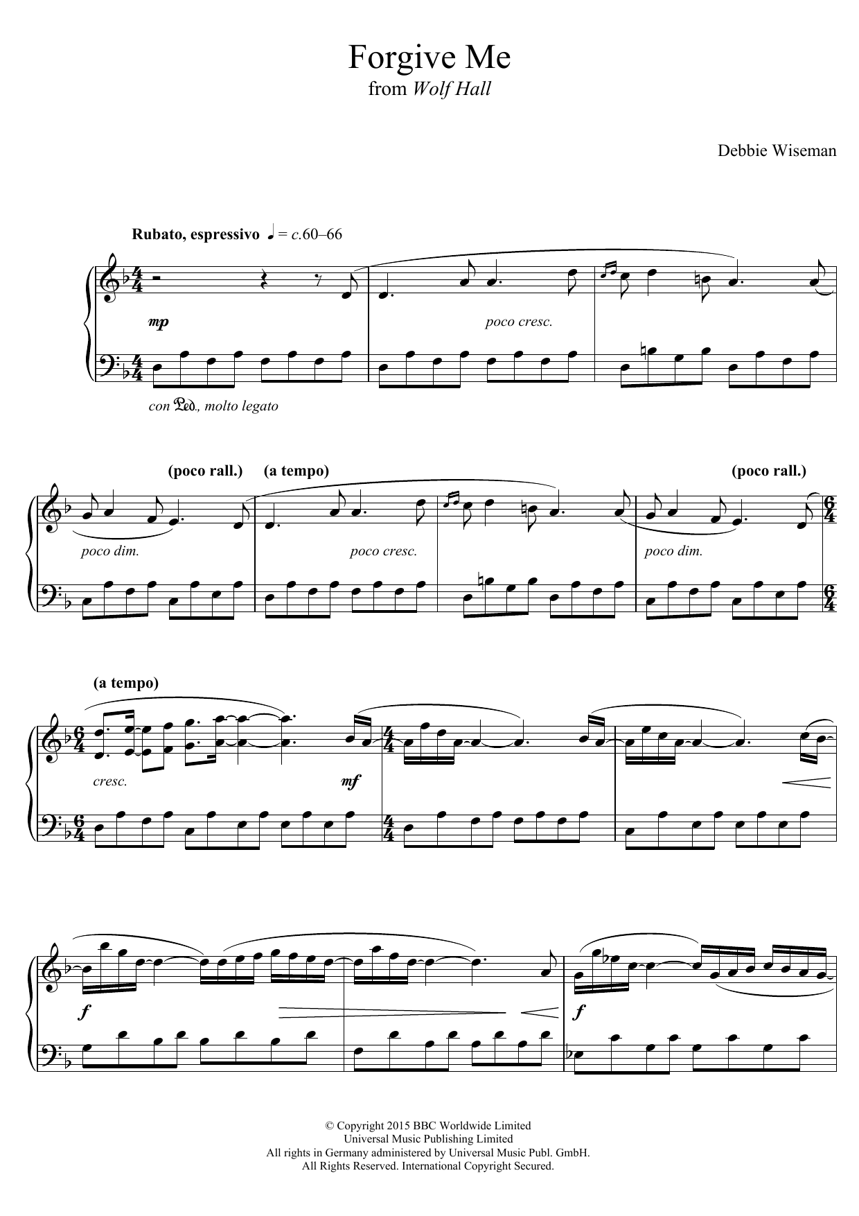 Debbie Wiseman Forgive Me (From 'Wolf Hall') Sheet Music Notes & Chords for Piano - Download or Print PDF
