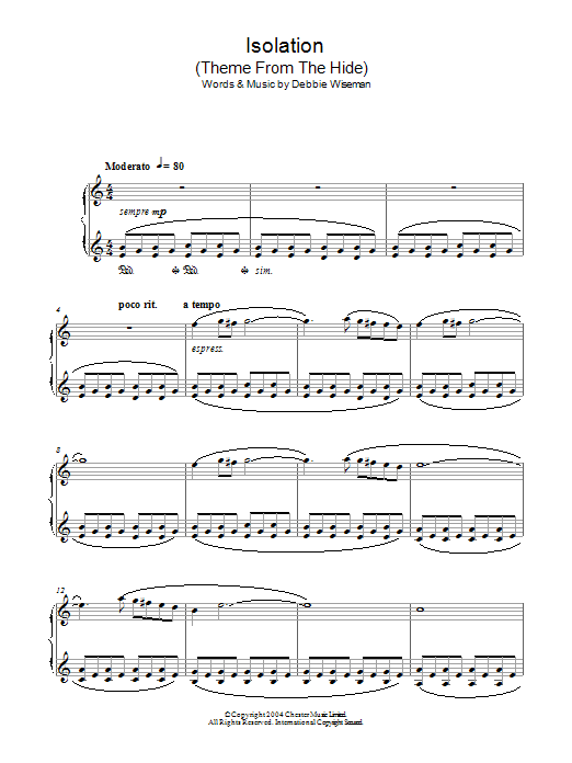 Debbie Wiseman Isolation (Theme From The Hide) Sheet Music Notes & Chords for Piano - Download or Print PDF