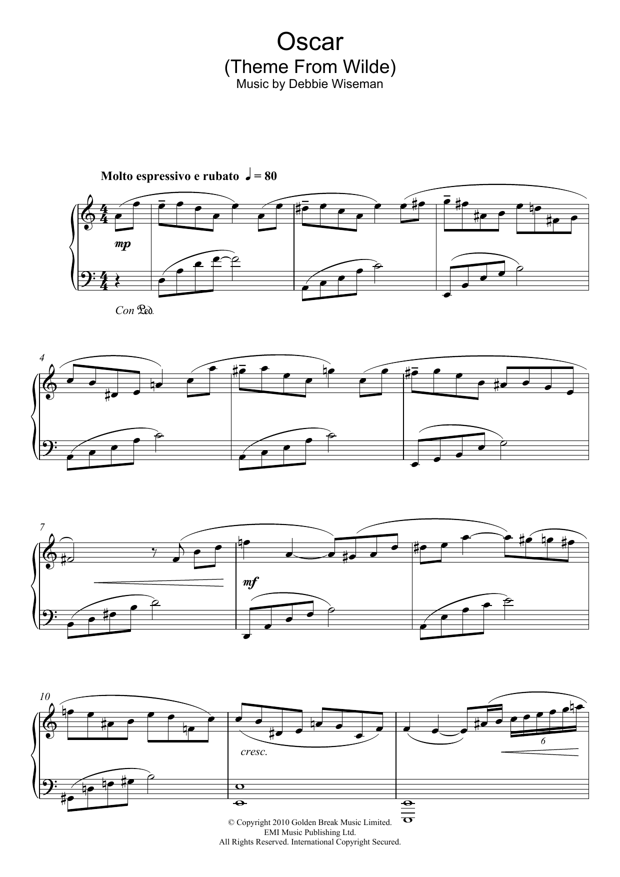 Debbie Wiseman Oscar (Theme From Wilde) Sheet Music Notes & Chords for Piano - Download or Print PDF