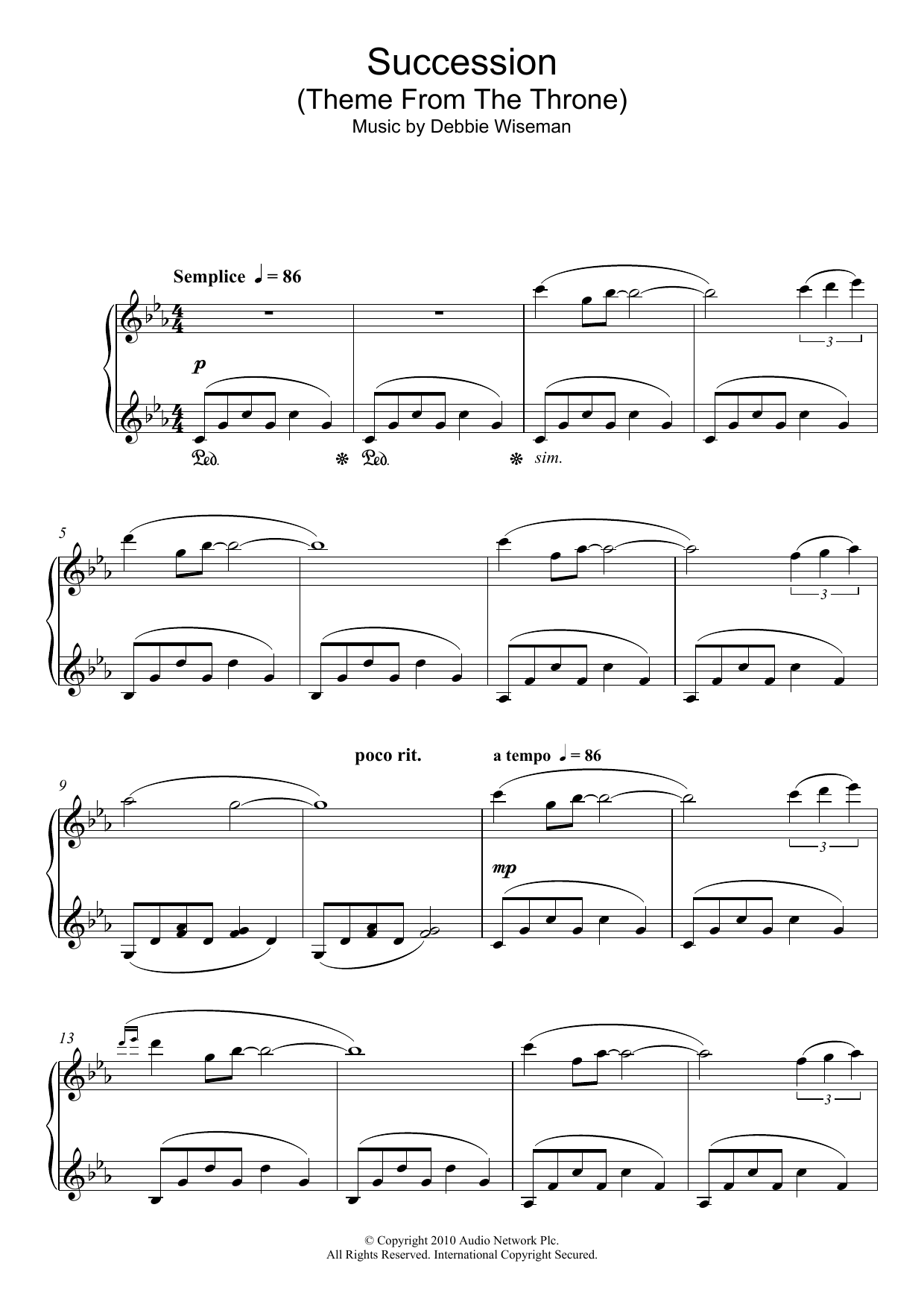 Debbie Wiseman Succession (Theme From The Throne) Sheet Music Notes & Chords for Piano - Download or Print PDF