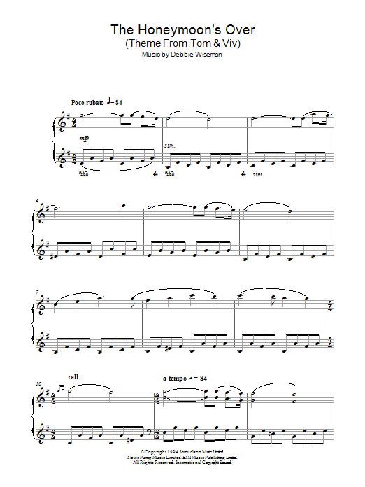 Debbie Wiseman The Honeymoon's Over (Theme From Tom & Viv) Sheet Music Notes & Chords for Piano - Download or Print PDF