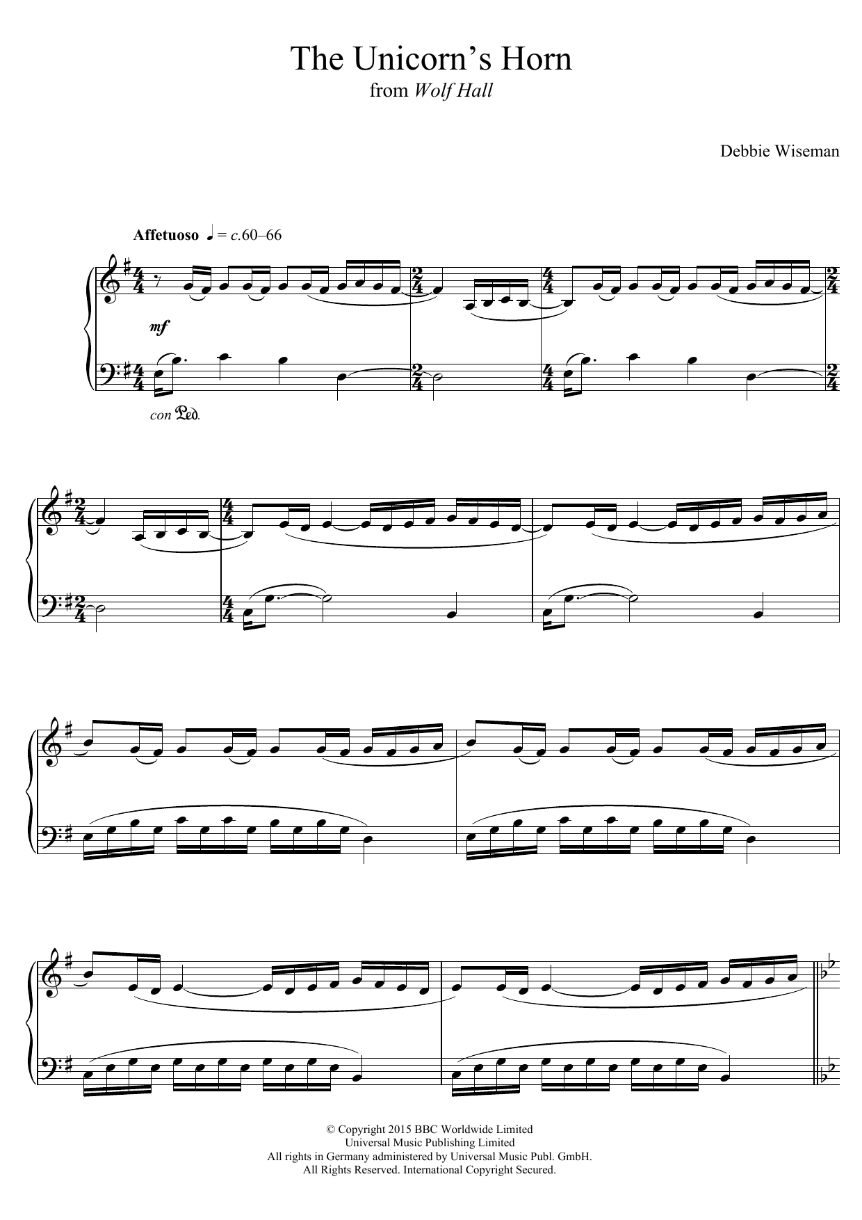 Debbie Wiseman The Unicorn's Horn (From 'Wolf Hall') Sheet Music Notes & Chords for Piano - Download or Print PDF