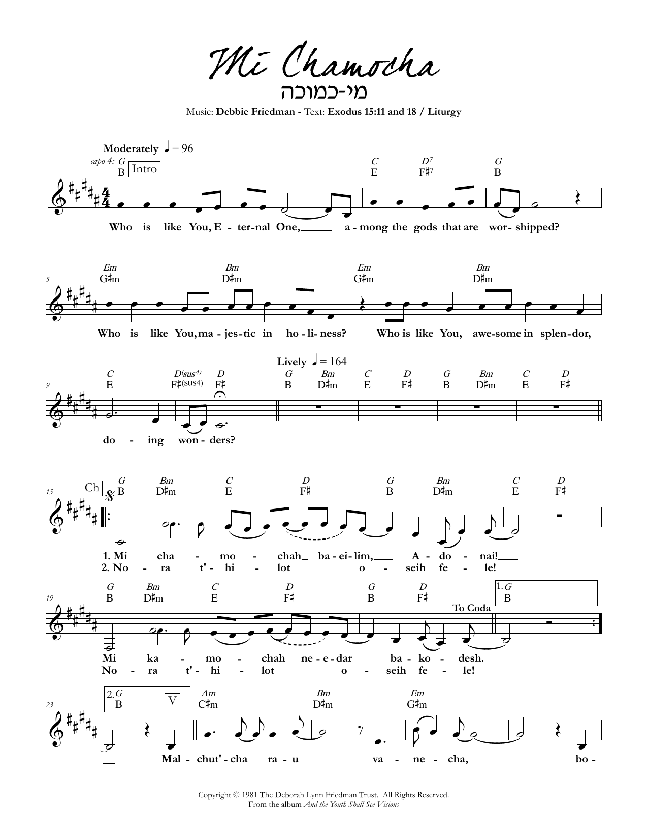 Preview Debbie Friedman Mi Chamocha Jewish sheet music, notes and chords for Lead Sheet / Fake Book, SKU: 349786 Mi Chamocha sheet music