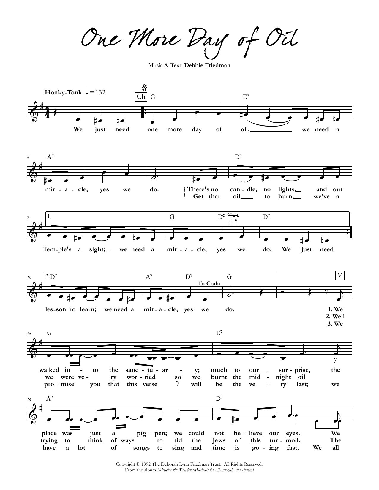 Preview Debbie Friedman One More Day of Oil Jewish sheet music, notes and chords for Lead Sheet / Fake Book, SKU: 349880 One More Day of Oil sheet music