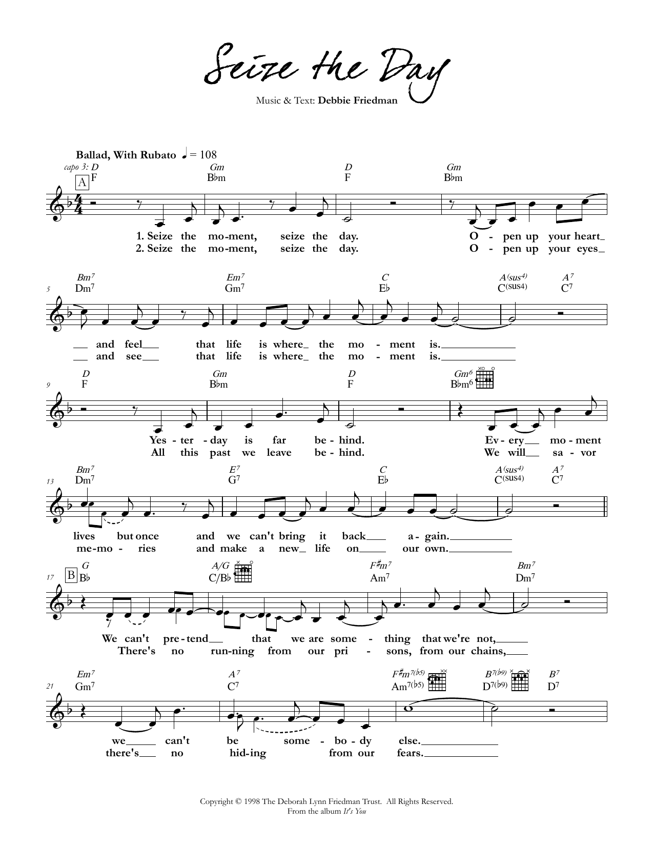 Preview Debbie Friedman Seize the Day Jewish sheet music, notes and chords for Lead Sheet / Fake Book, SKU: 349872 Seize the Day sheet music