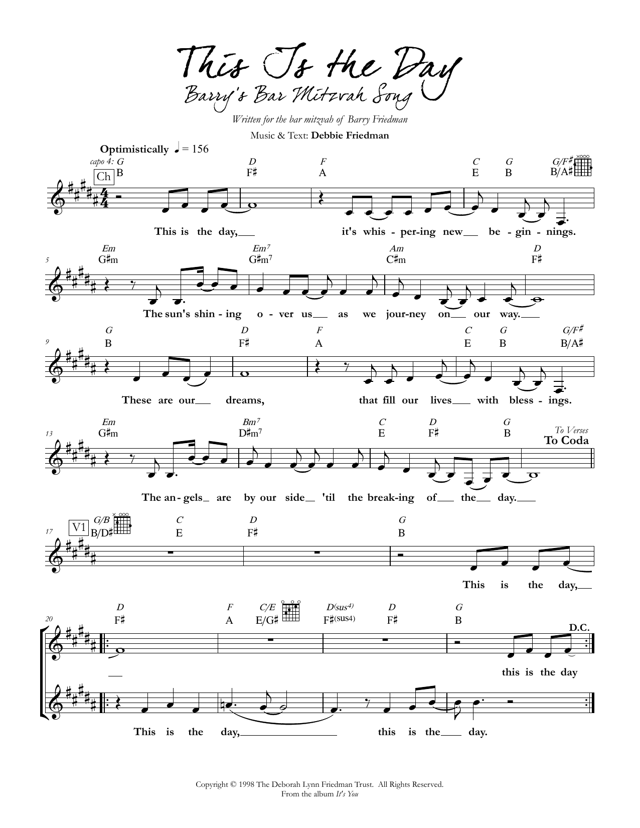 Preview Debbie Friedman This Is the Day Jewish sheet music, notes and chords for Lead Sheet / Fake Book, SKU: 349839 This Is the Day sheet music
