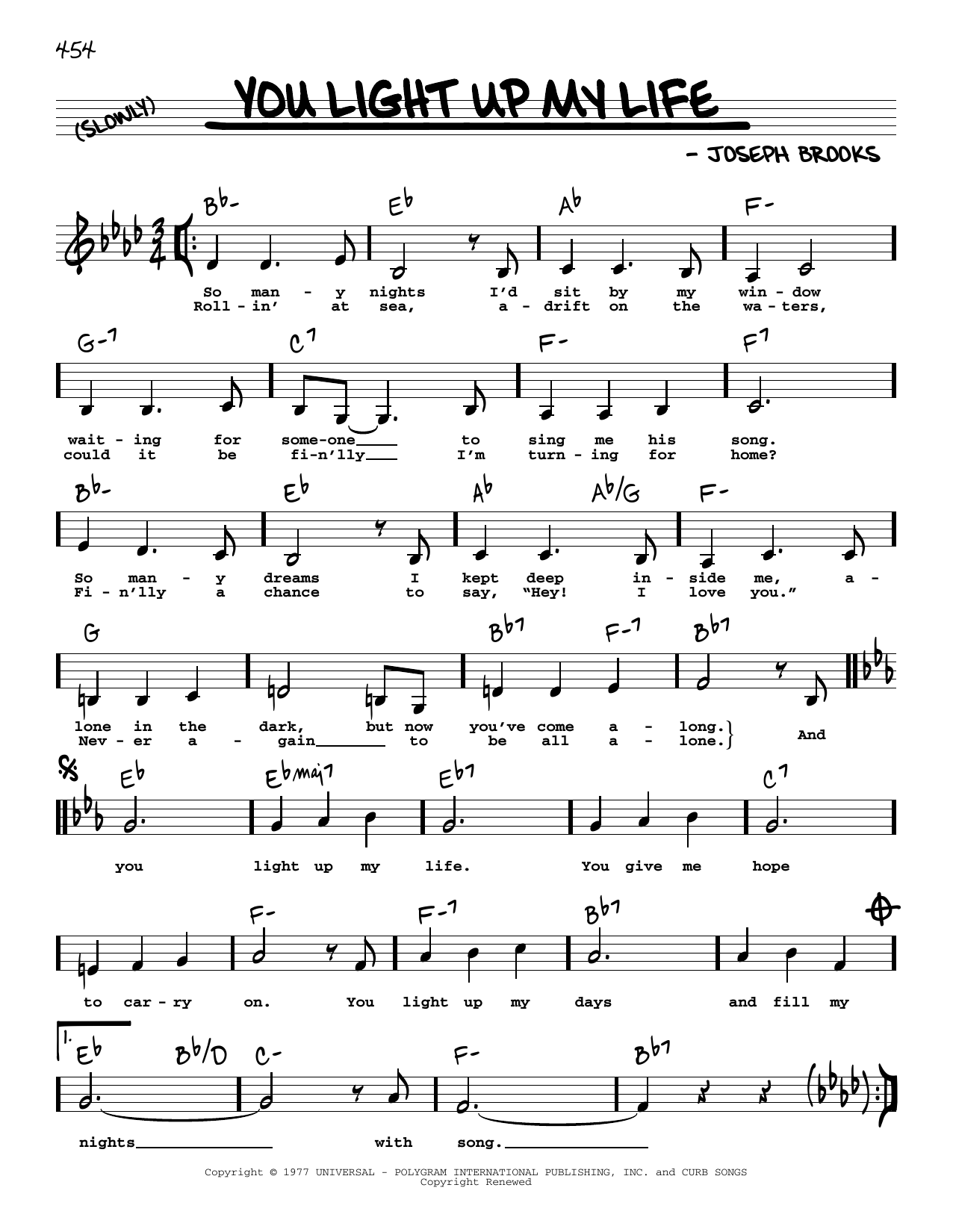 Debby Boone You Light Up My Life (Low Voice) Sheet Music Notes & Chords for Real Book – Melody, Lyrics & Chords - Download or Print PDF