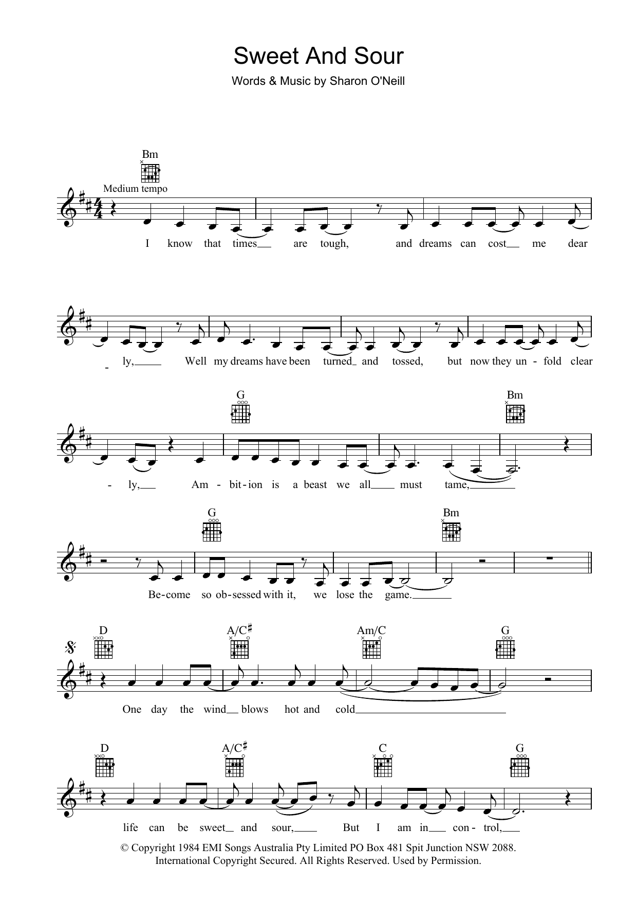 Deborah Conway Sweet And Sour Sheet Music Notes & Chords for Melody Line, Lyrics & Chords - Download or Print PDF