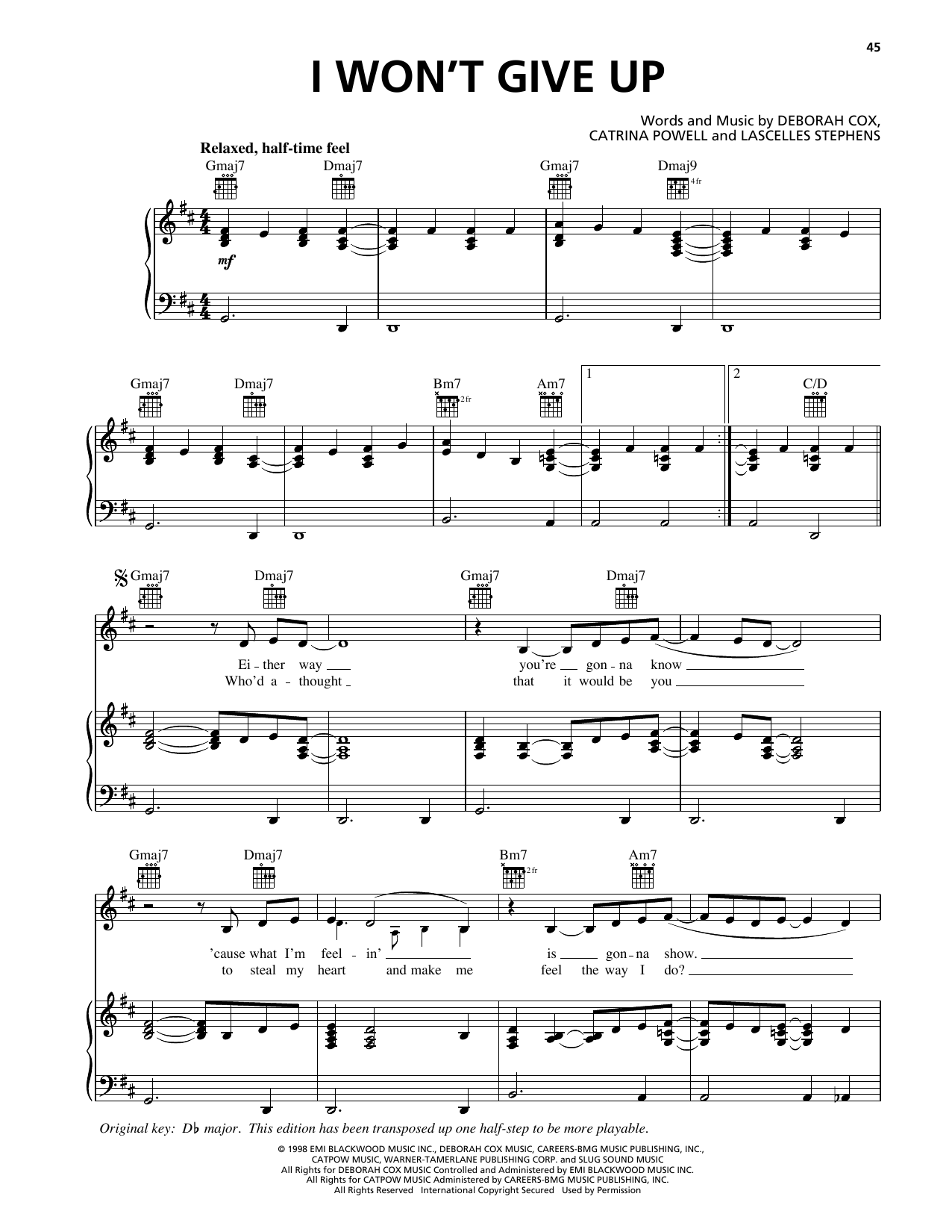 Deborah Cox I Won't Give Up Sheet Music Notes & Chords for Piano, Vocal & Guitar Chords (Right-Hand Melody) - Download or Print PDF