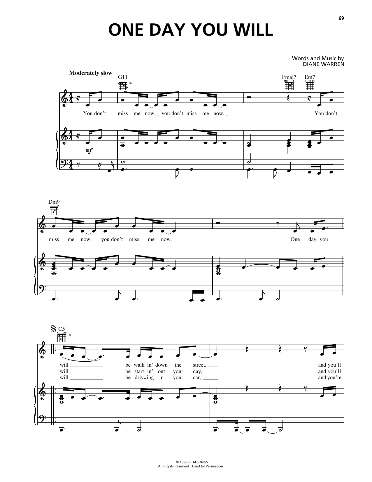 Deborah Cox One Day You Will Sheet Music Notes & Chords for Piano, Vocal & Guitar Chords (Right-Hand Melody) - Download or Print PDF