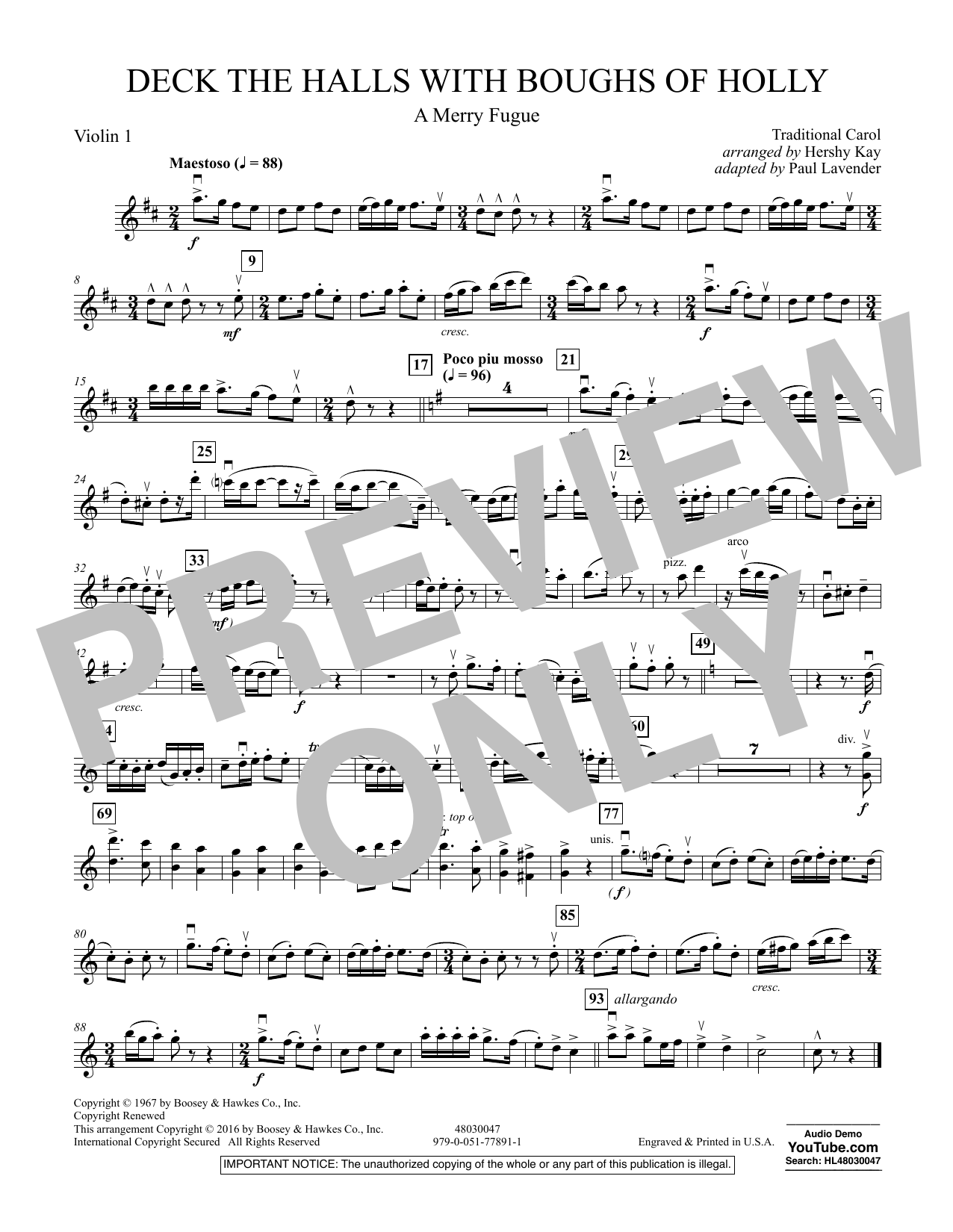 Hershy Kay Deck The Halls With Boughs Of Holly A Merry Fugue Violin 1 Sheet Music Download Pdf Score 356496