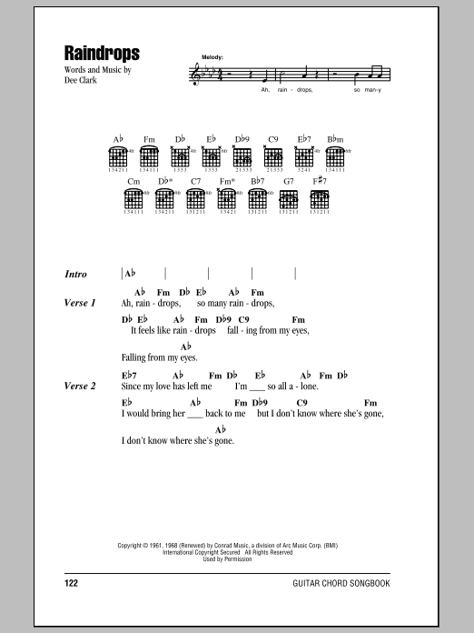 Dee Clark Raindrops Sheet Music Notes & Chords for Melody Line, Lyrics & Chords - Download or Print PDF