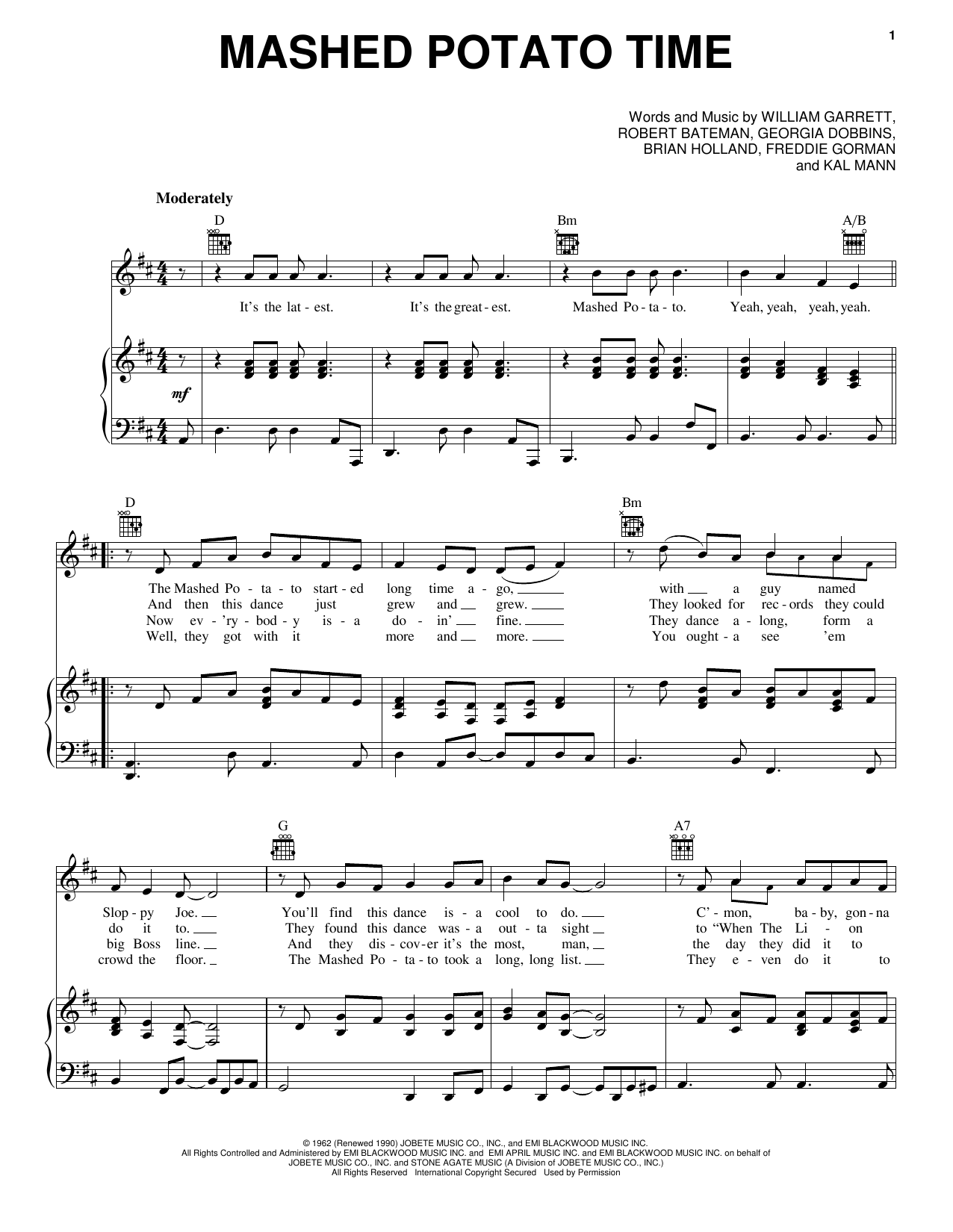 Dee Dee Sharp Mashed Potato Time Sheet Music Notes & Chords for Piano, Vocal & Guitar (Right-Hand Melody) - Download or Print PDF