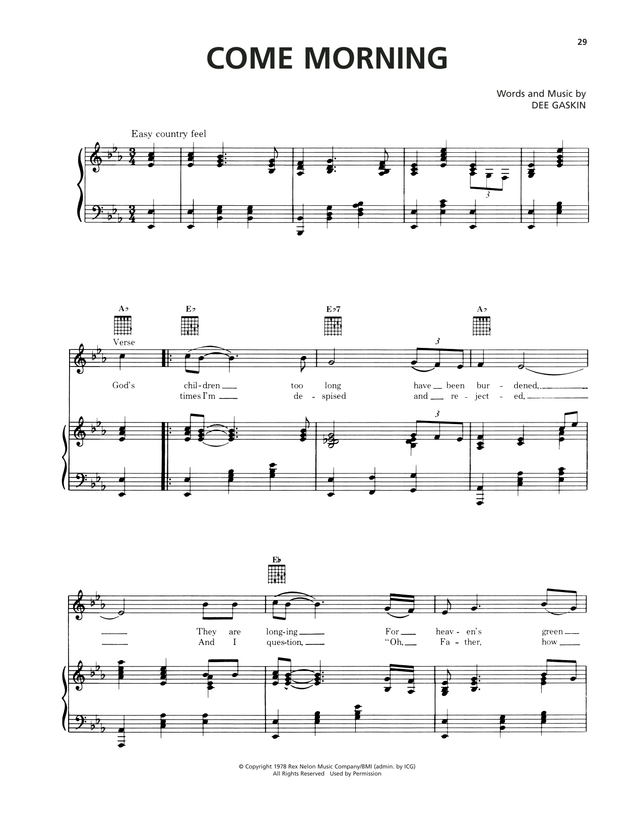 Dee Gaskin Come Morning Sheet Music Notes & Chords for Piano, Vocal & Guitar Chords (Right-Hand Melody) - Download or Print PDF