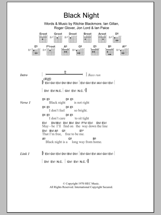 Deep Purple Black Night Sheet Music Notes & Chords for Lyrics & Chords - Download or Print PDF