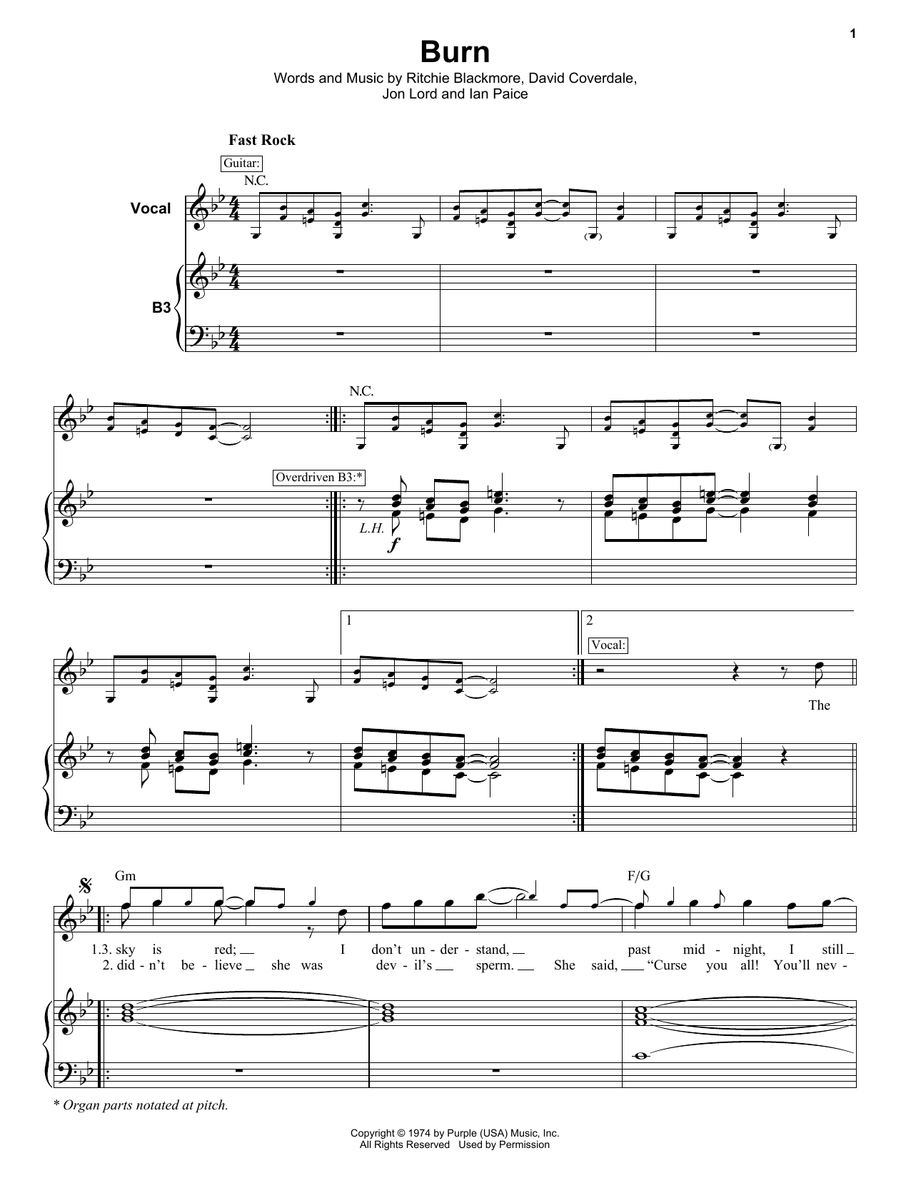 Deep Purple Burn Sheet Music Notes & Chords for Keyboard Transcription - Download or Print PDF