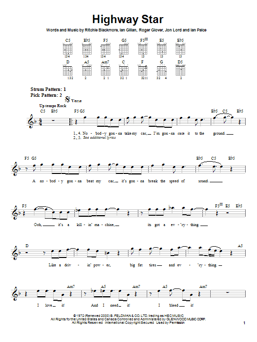 Deep Purple Highway Star Sheet Music Notes & Chords for Easy Guitar Tab - Download or Print PDF