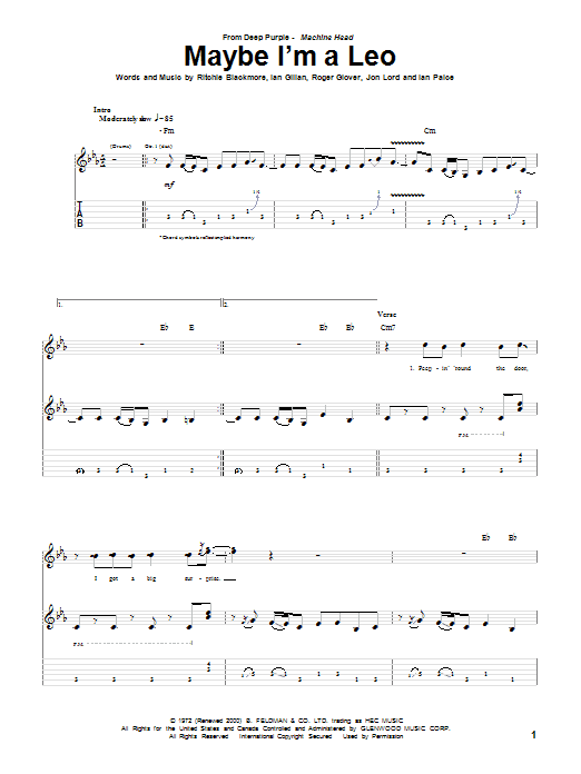 Deep Purple Maybe I'm A Leo Sheet Music Notes & Chords for Guitar Tab - Download or Print PDF