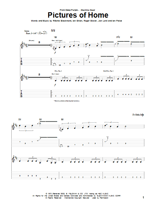 Deep Purple Pictures Of Home Sheet Music Notes & Chords for Guitar Tab - Download or Print PDF