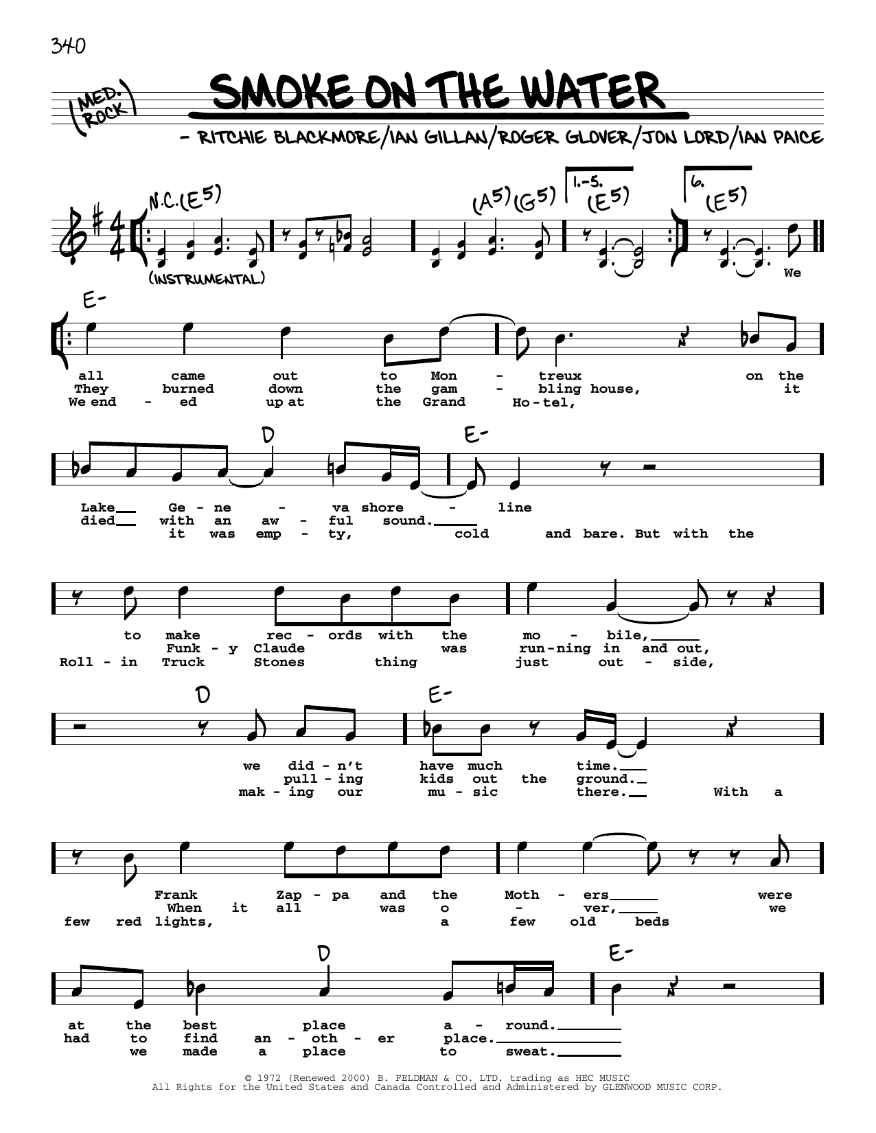 Deep Purple Smoke On The Water (High Voice) Sheet Music Notes & Chords for Real Book – Melody, Lyrics & Chords - Download or Print PDF
