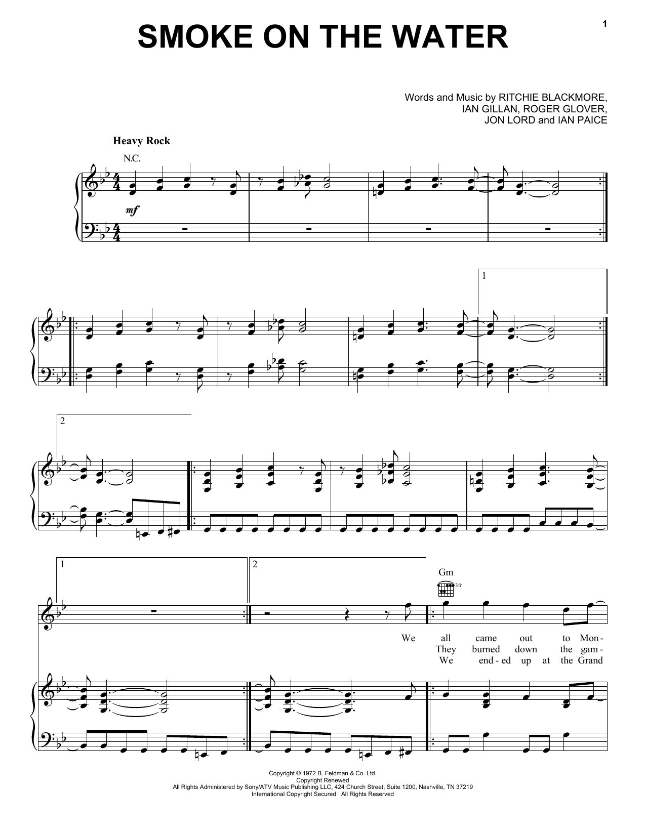 Deep Purple Smoke On The Water sheet music notes and chords. Download Printable PDF.