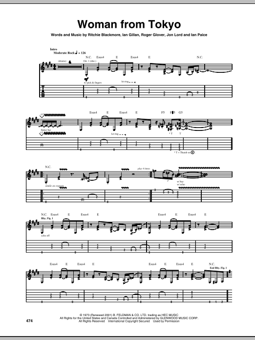 Preview Deep Purple Woman From Tokyo Rock sheet music, notes and chords for Easy Guitar Tab, SKU: 73032 Woman From Tokyo sheet music