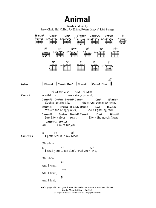 Def Leppard Animal Sheet Music Notes & Chords for Lyrics & Chords - Download or Print PDF