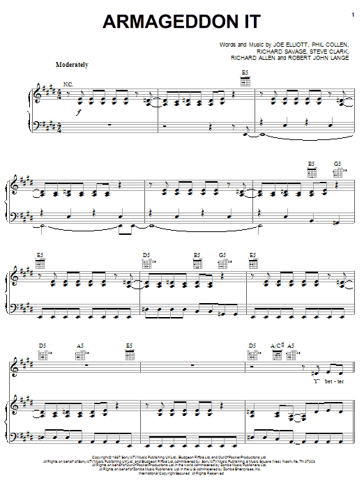 Def Leppard Armageddon It Sheet Music Notes & Chords for Piano, Vocal & Guitar (Right-Hand Melody) - Download or Print PDF