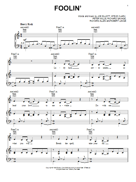 Def Leppard Foolin' Sheet Music Notes & Chords for Lyrics & Chords - Download or Print PDF
